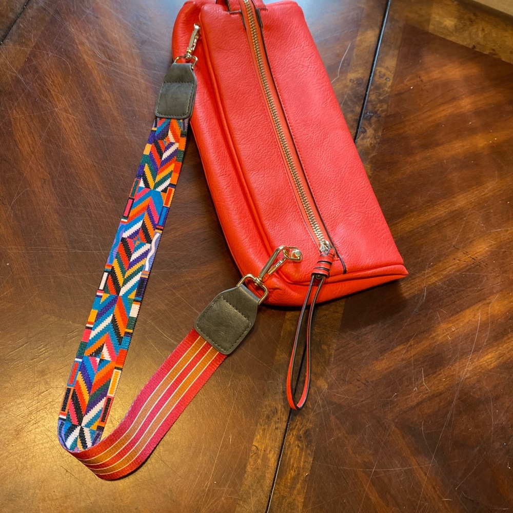 Vibrant Orange Shoulder Bag with Removable Patterned Strap - Picture 4 of 5